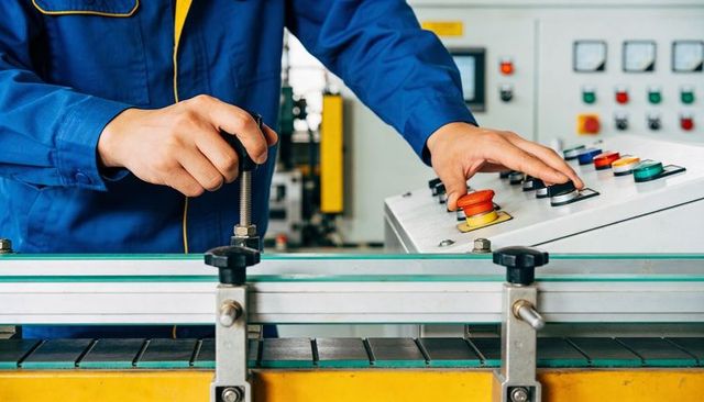 Technician operating conveyor control panel with emergency stop and adjustable clamp