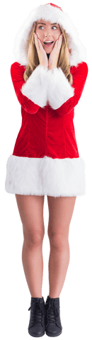 Surprised Santa Girl in Red Velvet Outfit Transparent Background