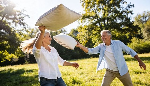 Senior couple playing pillow fight in sunlit meadow laughing enjoying active retirement