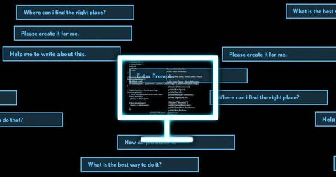 Neon-cyan monitor showing enter prompt and code with floating prompts for ai interface