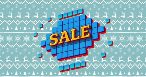 3d blue pixel sale badge promoting holiday deals on teal knit pattern winter banner