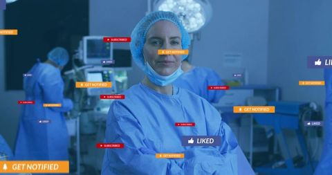 Female surgeon standing in operating room crossing arms with social media notifications overlay