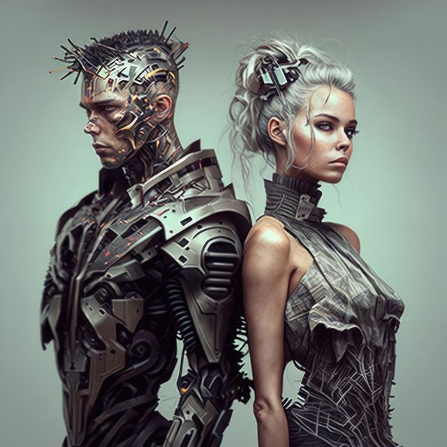 Caucasian human robot couple with gray hair and robot parts, created using generative ai technology. Cyber, android, futuristic and human robot concept.