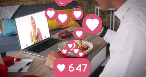 Couple Engaging in Virtual Date with Digital Hearts Flourishing - Download Free Stock Images Pikwizard.com