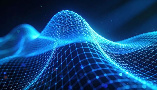 Glowing blue wireframe mesh undulating waves visualizing digital grid, data flow, network topology