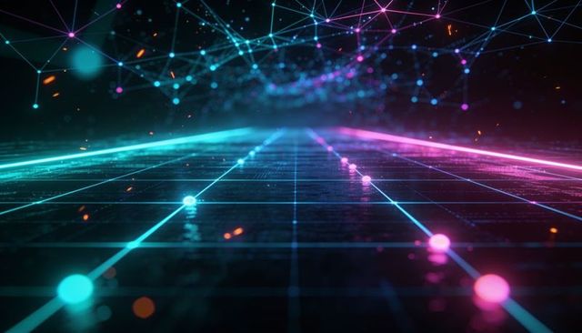 Neon cyber grid extending to horizon with cyan and magenta nodes and luminous network