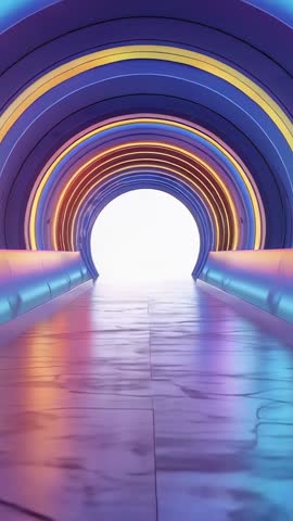 Vertical neon tunnel moving camera toward bright portal, futuristic cyberpunk loop