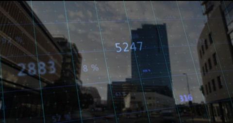Futuristic Cityscape with Numeric Data Overlay and Blue Grid