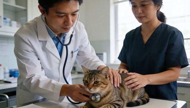 Veterinarian examining tabby cat with stethoscope during routine clinic checkup
