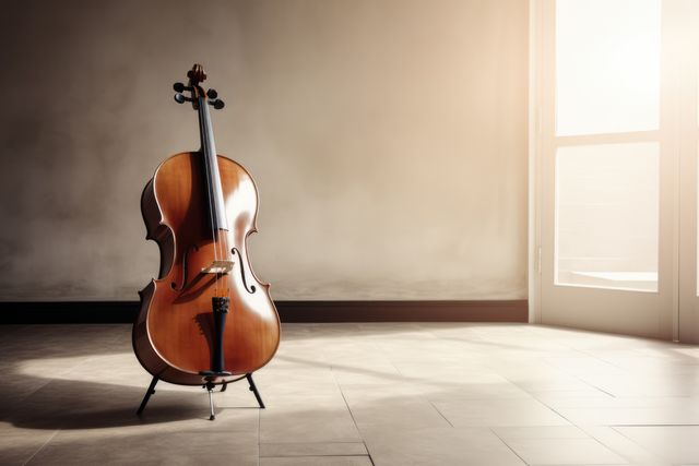 Elegant cello stands in room corner with sunlight streaming through window. Ideal for designs related to music, arts, peaceful interiors, and tranquil atmospheres.