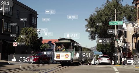 Artistic Digital Overlays Enhance Urban Transport Scene