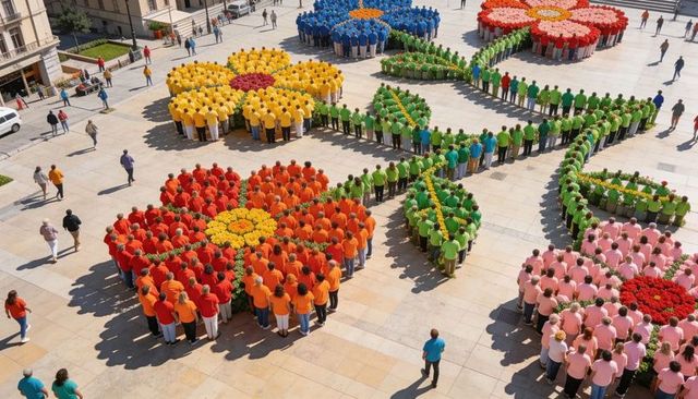 Hundreds forming giant colorful flower formations on urban plaza for community art events