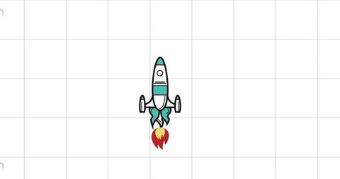 Minimalist teal-white rocket launching red-yellow flame on white grid canvas vector mockup