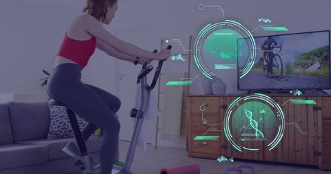 Woman exercising at home with fitness tech display
