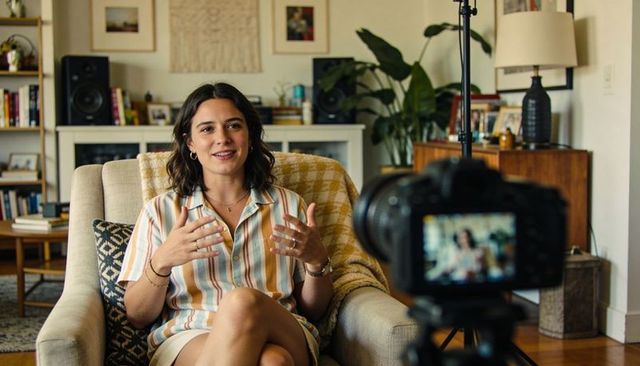Confident woman speaking on-camera in cozy living room interview with camera on tripod