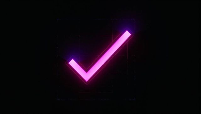 Neon Pink Check Mark Glows in Dark Digital Space