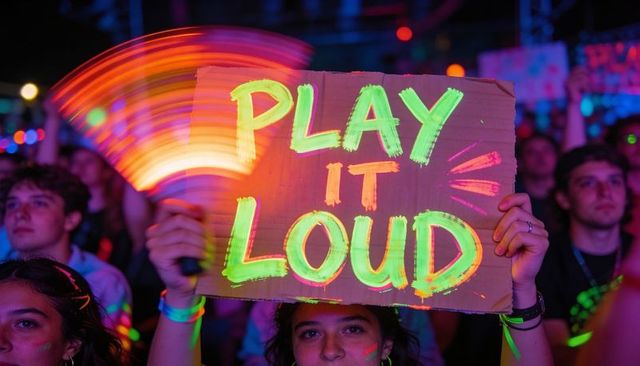 Young fan holding neon play it loud sign at nighttime music festival crowd