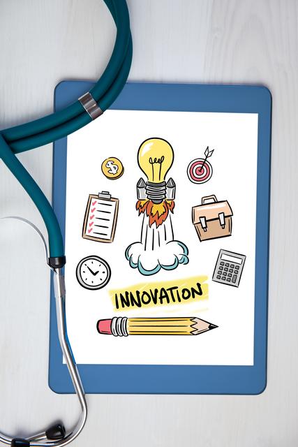 Illustration of innovation concept displayed on tablet screen with stethoscope. Useful for presentations on healthcare technology, medical advancements, creative business solutions, and digital innovation in the medical field.
