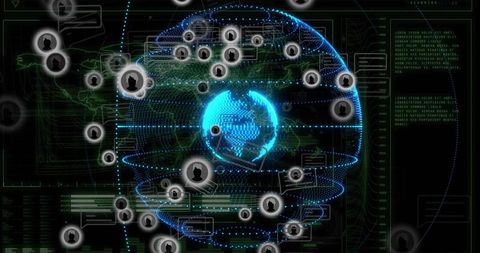 Glowing digital earth hub revolving with global network nodes and futuristic data hud