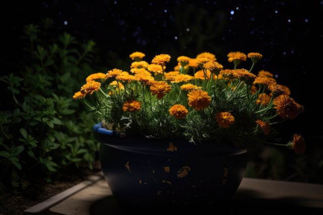 Yellow flowers in ceramic planter in garden at night, created using generative ai technology - Download Free Stock Photos Pikwizard.com