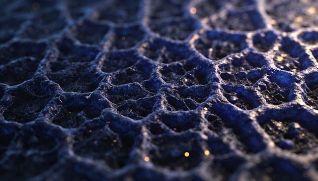 Frosted blue honeycomb macro revealing crystalline hexagon ridges with warm bokeh highlights