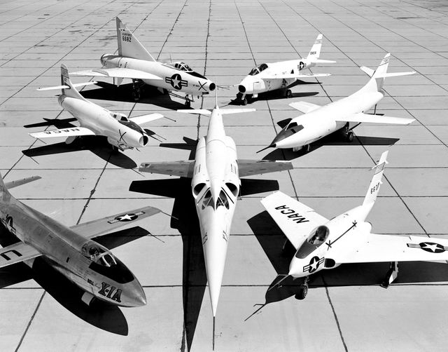 Black and white image showcasing a collection of experimental aircraft from the 1950s, including the X-3, X-1A, D-558-I, XF-92A, X-5, D-558-II, and X-4. Ideal for use in historical aviation articles, military and defense presentations, aerospace engineering case studies, or retro aviation-themed prints and posters highlighting advancements in military aircraft testing.