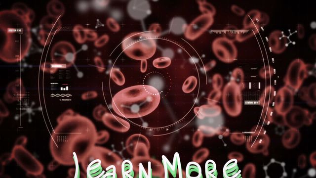 This video displays Covid-19 cells and blood vessels in a high-tech interface with a red background, along with 'Learn More' text. Ideal for healthcare, medical research, and technological advancements related to the coronavirus pandemic. Suitable for educational materials, social media, medical articles, and digital platforms discussing Covid-19 and related health information.