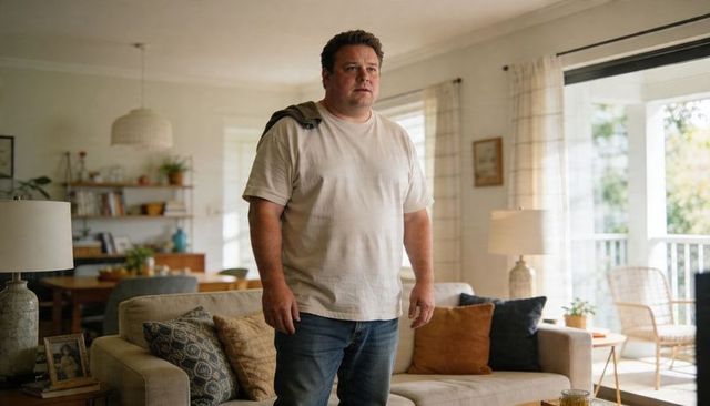 Standing man in casual tee and jeans with jacket slung over shoulder in sunlit living room