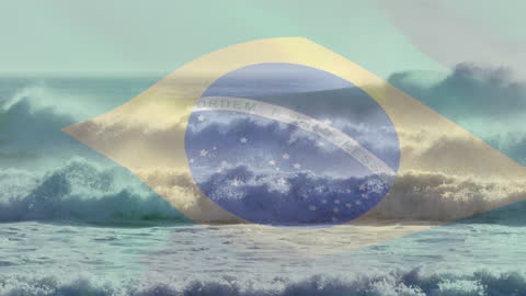 Brazilian Flag Overlay on Ocean Waves