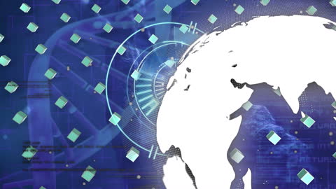 Futuristic Digital World Map with DNA Elements