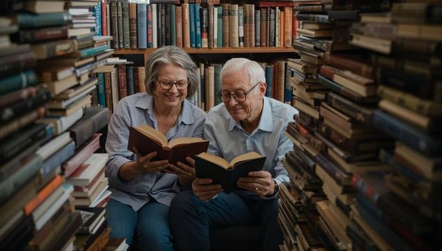 Senior couple reading together in cozy library nook surrounded by stacks of books, smiling