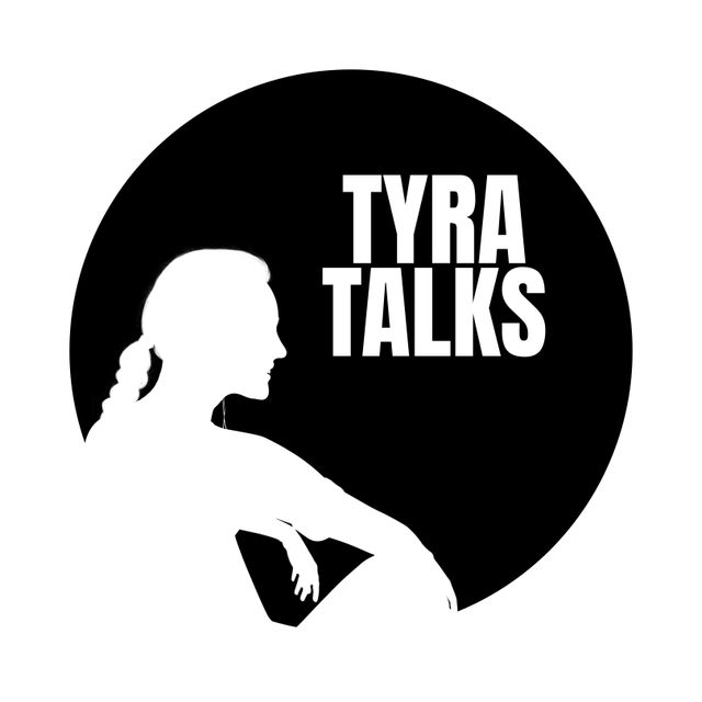 Ideal for promoting a podcast hosted by a woman. The prominent TYRA TALKS text could be personalized or represent a specific podcast brand. Use this for social media marketing, podcast cover designs, and branding materials to create a strong, professional podcasting identity.