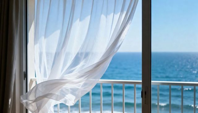 Sunlit sheer curtain billowing from open balcony door with tranquil ocean view