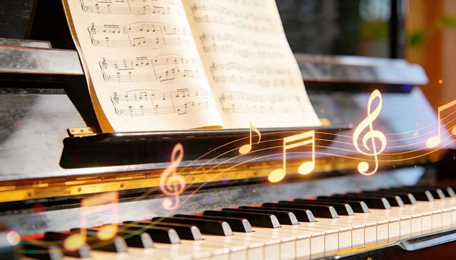 Glowing musical notes flowing above vintage piano keyboard and open sheet music