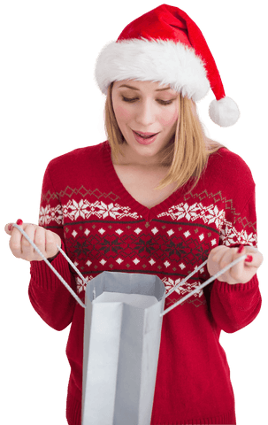 Joyful woman in santa hat with christmas gift on transparent background