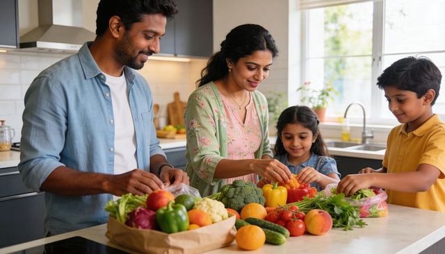Family unpacking fresh produce at kitchen island, preparing healthy home-cooked meal