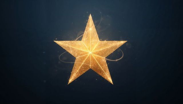 Golden faceted 3d star glowing with sparkle, halo and particles on dark navy background