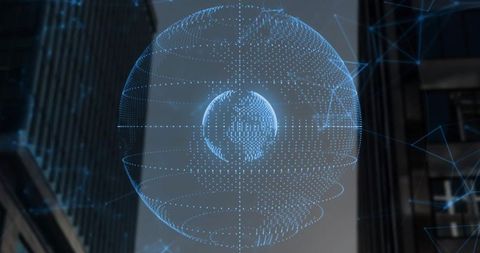 Holographic point-cloud globe hovering between skyscrapers with inner core and orbital rings