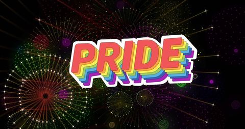 Rainbow Pride Text with Exploding Fireworks Background