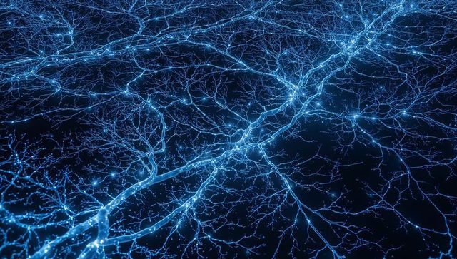 Electric blue neural network web with luminous synapses and branching dendrites