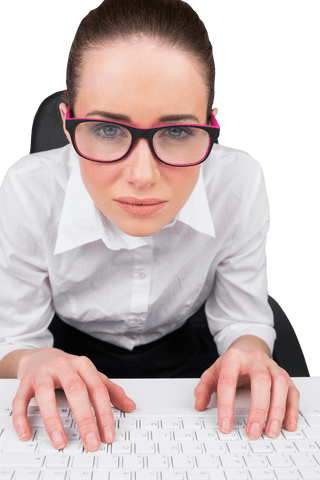 transparent view businesswoman in pink glasses typing on keyboard - Download Free Stock Videos Pikwizard.com