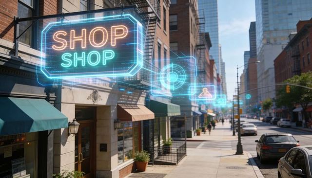 Glowing holographic shop sign lighting urban street with floating augmented reality icons