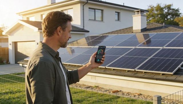 Homeowner Monitoring Solar Panel Output with Smartphone at Golden Hour Suburban Rooftop