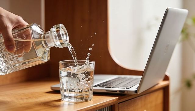 Pouring water from crystal decanter into glass tumbler on wooden desk beside laptop