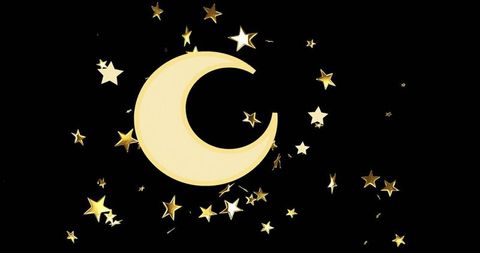 Glowing pale crescent moon floating on deep black night with scattered metallic gold stars