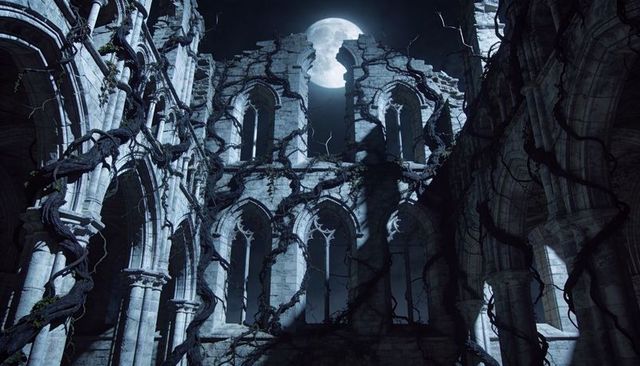 Moonlit gothic cathedral ruins illuminating with twisted vines and arched tracery
