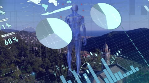 Illustration featuring blue-tinted business statistics and dynamic animation blending with futuristic human model against a striking cityscape background. Perfect for technology presentations, data analysis visuals, and innovative business projects emphasizing modern interfaces.