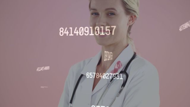 Female doctor smiling confidently with a stethoscope and a pink ribbon on her coat symbolizing breast cancer awareness. Digital numbers overlay suggests modern medical technology and innovation. Useful for content focused on cancer awareness campaigns, healthcare technology advancements, and women in medicine.