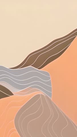 Vertical looping animation of drifting dashed lines rising and falling over muted abstract hills