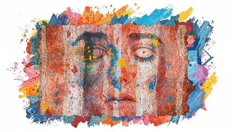 Vibrant female portrait with abstract paint splashes in modern art gallery